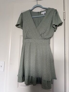 Emerald Sundae Sage Green Polka Dot Wrap-Style Mini Dress